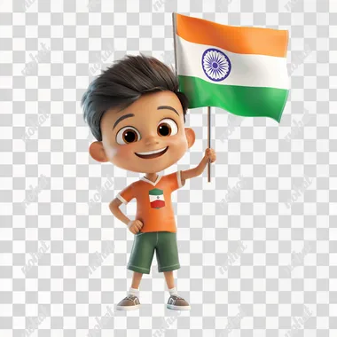 3d character teenage boy holding indian flag , in the style of pixar, isolated on a white bg