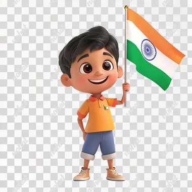 3d character teenage boy holding indian flag , in the style of pixar, isolated on a white bg