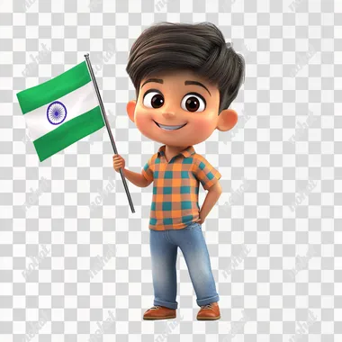 3d character teenage boy holding indian flag , in the style of pixar, isolated on a white bg