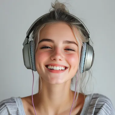 a very , very pretty 18 years old woman looking at the camera and laughing, has headphones on listening excited music , full head , colorful , high quality , real 4K picture , detailed, white background