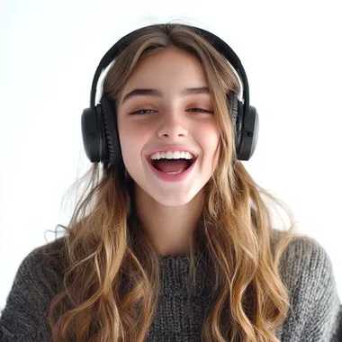 a very , very pretty 18 years old woman looking at the camera and laughing, has headphones on listening excited music , full head , colorful , high quality , real 4K picture , detailed, white background