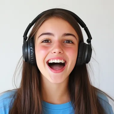a very , very pretty 18 years old woman looking at the camera and laughing, has headphones on listening excited music , full head , colorful , high quality , real 4K picture , detailed, white background