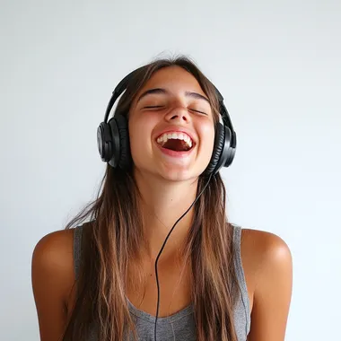 a very , very pretty 18 years old woman looking at the camera and laughing, has headphones on listening excited music , full head , colorful , high quality , real 4K picture , detailed, white background
