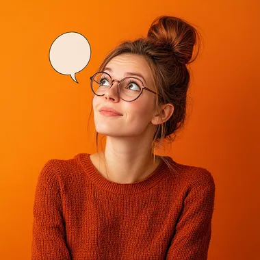 woman remembering something with comics thoughts bubble near her, ultra realistic photo, orange 021C background, happy mood, bright colours