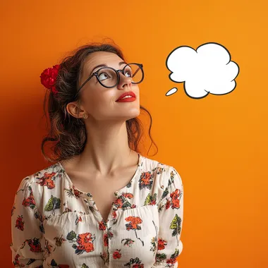woman remembering something with comics thoughts bubble near her, ultra realistic photo, orange 021C background, happy mood, bright colours