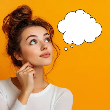 woman remembering something with comics thoughts bubble near her, ultra realistic photo, orange 021C background, happy mood, bright colours