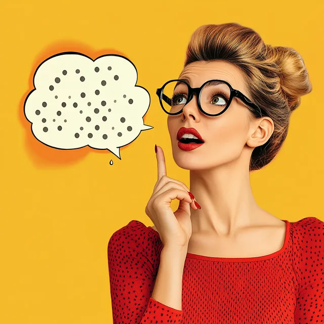 a woman with glasses and a thought bubble above her head