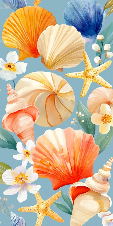 acrap book paper design, watercolor illustration of a repeating pattern of seashells and starfish in light beige and coral tones on a soft blue background   rofile pfwb498