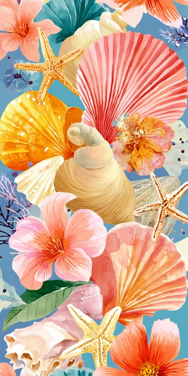 acrap book paper design, watercolor illustration of a repeating pattern of seashells and starfish in light beige and coral tones on a soft blue background   rofile pfwb498