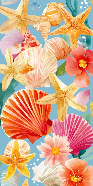 acrap book paper design, watercolor illustration of a repeating pattern of seashells and starfish in light beige and coral tones on a soft blue background   rofile pfwb498