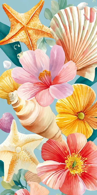 acrap book paper design, watercolor illustration of a repeating pattern of seashells and starfish in light beige and coral tones on a soft blue background   rofile pfwb498