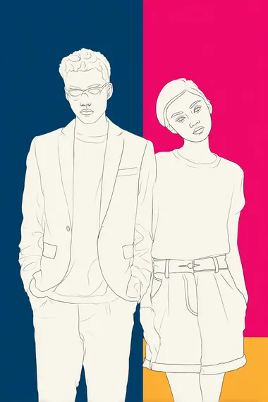 Fashion male and female models student posing on a movie set, part lineart part ralistic style, isolated color bars background   --raw rofile ir2z24a brev75b