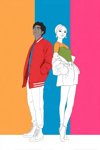 Fashion male and female models student posing on a movie set, part lineart part ralistic style, isolated color bars background   --raw rofile ir2z24a brev75b