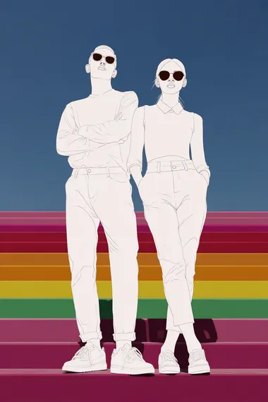 Fashion male and female models student posing on a movie set, part lineart part ralistic style, isolated color bars background   --raw rofile ir2z24a brev75b