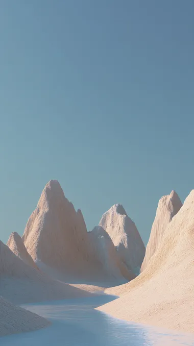 Minimalist 3D abstract landscape, ultra-clean Cinema4D rendering style, geometric simplification with artistic abstraction, gradient azure sky, textured beige mountain formations, reflective stream flowing through lower right quadrant, monochromatic harmony, subtle gradient transitions, pale blue ambient background, ultra-smooth surfaces with soft shadow casting, serene meditative atmosphere, 8k resolution  --raw rofile 82ypi63