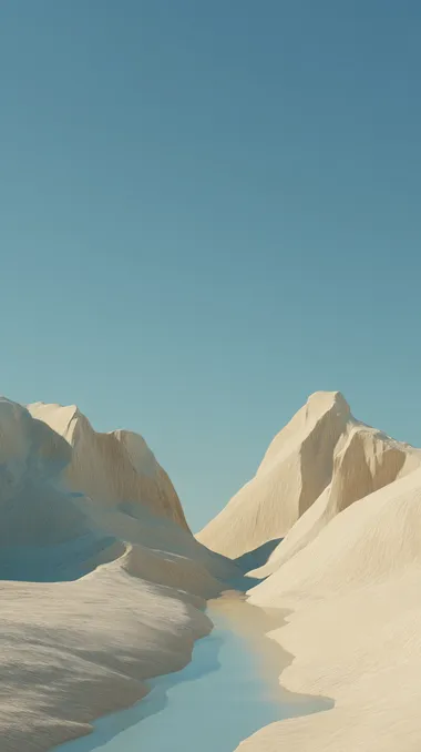 Minimalist 3D abstract landscape, ultra-clean Cinema4D rendering style, geometric simplification with artistic abstraction, gradient azure sky, textured beige mountain formations, reflective stream flowing through lower right quadrant, monochromatic harmony, subtle gradient transitions, pale blue ambient background, ultra-smooth surfaces with soft shadow casting, serene meditative atmosphere, 8k resolution  --raw rofile 82ypi63