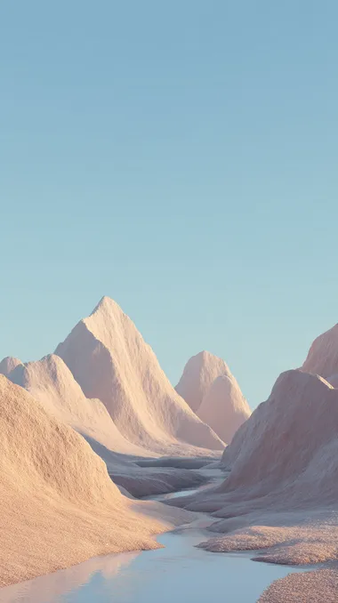 Minimalist 3D abstract landscape, ultra-clean Cinema4D rendering style, geometric simplification with artistic abstraction, gradient azure sky, textured beige mountain formations, reflective stream flowing through lower right quadrant, monochromatic harmony, subtle gradient transitions, pale blue ambient background, ultra-smooth surfaces with soft shadow casting, serene meditative atmosphere, 8k resolution  --raw rofile 82ypi63