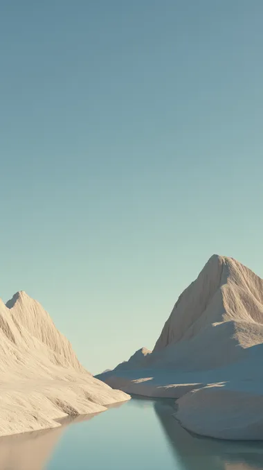 Minimalist 3D abstract landscape, ultra-clean Cinema4D rendering style, geometric simplification with artistic abstraction, gradient azure sky, textured beige mountain formations, reflective stream flowing through lower right quadrant, monochromatic harmony, subtle gradient transitions, pale blue ambient background, ultra-smooth surfaces with soft shadow casting, serene meditative atmosphere, 8k resolution  --raw rofile 82ypi63