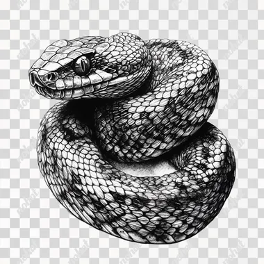 a realistic looking coiled up copperhead snake tattoo stencil, black and grey