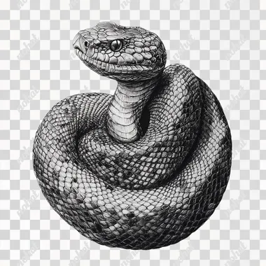 a realistic looking coiled up copperhead snake tattoo stencil, black and grey