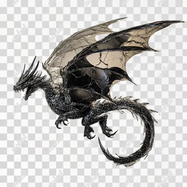 onyx dragon hovering, wings spread out, angry and menacing