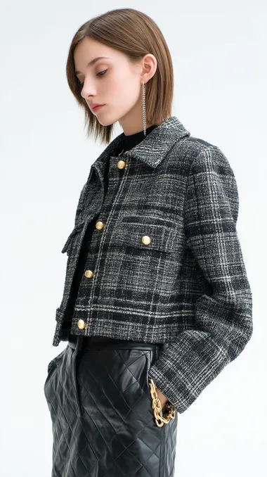 A young female model is wearing a Chanel brand woolen short jacket, with a dark gray and black checkered pattern and gold buttons, in a loose shape, with a light, luxurious style and a minimalist aesthetic, against a white background. The outfit is in the style of Dior.   --raw