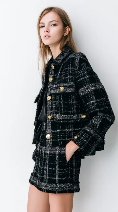 A young female model is wearing a Chanel brand woolen short jacket, with a dark gray and black checkered pattern and gold buttons, in a loose shape, with a light, luxurious style and a minimalist aesthetic, against a white background. The outfit is in the style of Dior.   --raw