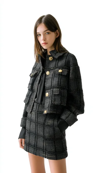 A young female model is wearing a Chanel brand woolen short jacket, with a dark gray and black checkered pattern and gold buttons, in a loose shape, with a light, luxurious style and a minimalist aesthetic, against a white background. The outfit is in the style of Dior.   --raw