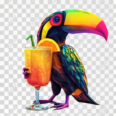 3D. A retro toucan drinking orange drink. Sci-fi vector background. White background, bright colors