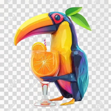 3D. A retro toucan drinking orange drink. Sci-fi vector background. White background, bright colors