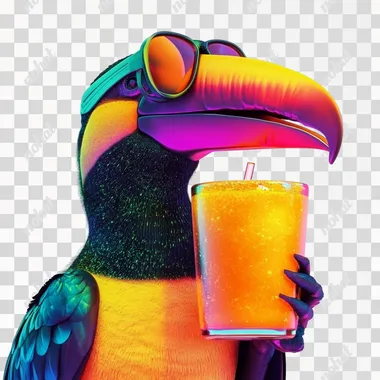 3D. A retro toucan drinking orange drink. Sci-fi vector background. White background, bright colors