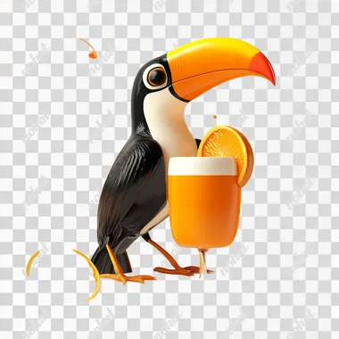 3D. A retro toucan drinking orange drink. Sci-fi vector background. White background, bright colors