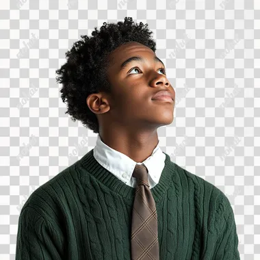 photography of a happy 16 year old african american student in uniform, a green sweater, white shirt and brown tie. He is optimistic, looking up, side view and isolated on a white background. --s 250