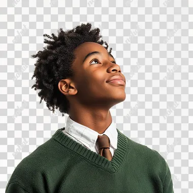 photography of a happy 16 year old african american student in uniform, a green sweater, white shirt and brown tie. He is optimistic, looking up, side view and isolated on a white background. --s 250