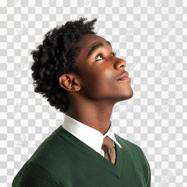 photography of a happy 16 year old african american student in uniform, a green sweater, white shirt and brown tie. He is optimistic, looking up, side view and isolated on a white background. --s 250