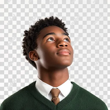 photography of a happy 16 year old african american student in uniform, a green sweater, white shirt and brown tie. He is optimistic, looking up, side view and isolated on a white background. --s 250