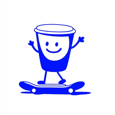 Upscaling image #3 with A simple line drawing of cup of coffee on a skateboard, a vector graphic design with blue ink and a white background. The cup-shaped character is smiling while jogging.