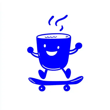 Upscaling image #3 with A simple line drawing of cup of coffee on a skateboard, a vector graphic design with blue ink and a white background. The cup-shaped character is smiling while jogging.