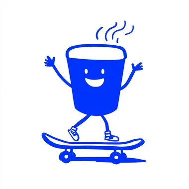 Upscaling image #3 with A simple line drawing of cup of coffee on a skateboard, a vector graphic design with blue ink and a white background. The cup-shaped character is smiling while jogging.