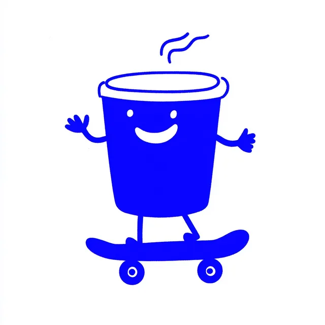 Coffee Cup Character Joyfully Skating in Urban Setting Artwork