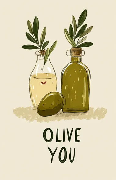 A simple digital illustration of an olive on the table in the front and the bottel of olive oil in the back with the words "OLIVE YOU" written below in green, designed for social media like Instagram and styled as if it's from an app profile page. The background is beige to match Valentine's Day themes.