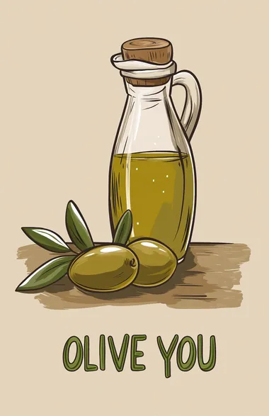 A simple digital illustration of an olive on the table in the front and the bottel of olive oil in the back with the words "OLIVE YOU" written below in green, designed for social media like Instagram and styled as if it's from an app profile page. The background is beige to match Valentine's Day themes.