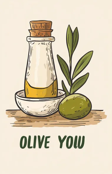 A simple digital illustration of an olive on the table in the front and the bottel of olive oil in the back with the words "OLIVE YOU" written below in green, designed for social media like Instagram and styled as if it's from an app profile page. The background is beige to match Valentine's Day themes.