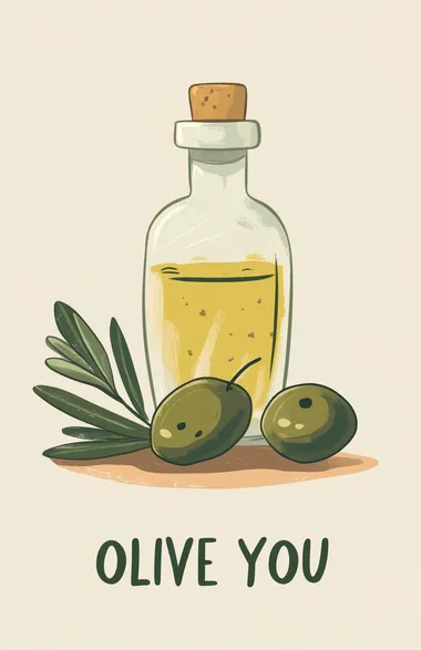 A simple digital illustration of an olive on the table in the front and the bottel of olive oil in the back with the words "OLIVE YOU" written below in green, designed for social media like Instagram and styled as if it's from an app profile page. The background is beige to match Valentine's Day themes.