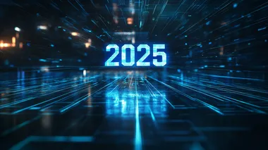 A hologram of the word "2025" floats above the ground in a series of glowing blue lines. The background is dark to highlight the theme. Futuristic technology illustration style.