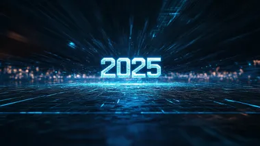 A hologram of the word "2025" floats above the ground in a series of glowing blue lines. The background is dark to highlight the theme. Futuristic technology illustration style.