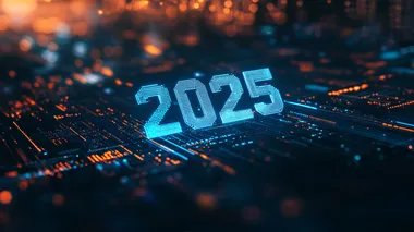 A hologram of the word "2025" floats above the ground in a series of glowing blue lines. The background is dark to highlight the theme. Futuristic technology illustration style.