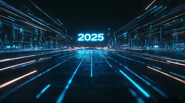A hologram of the word "2025" floats above the ground in a series of glowing blue lines. The background is dark to highlight the theme. Futuristic technology illustration style.