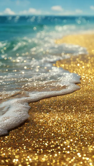 The golden glitter of the beach is shining on the water, creating an ocean wave with a sparkling gold and yellow color scheme. The background features sandy beaches and clear blue waters, adding depth to the scene. This image can be used as a wallpaper or cover for digital media, showcasing its vibrant colors and shimmering effects.