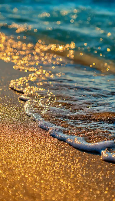 The golden glitter of the beach is shining on the water, creating an ocean wave with a sparkling gold and yellow color scheme. The background features sandy beaches and clear blue waters, adding depth to the scene. This image can be used as a wallpaper or cover for digital media, showcasing its vibrant colors and shimmering effects.